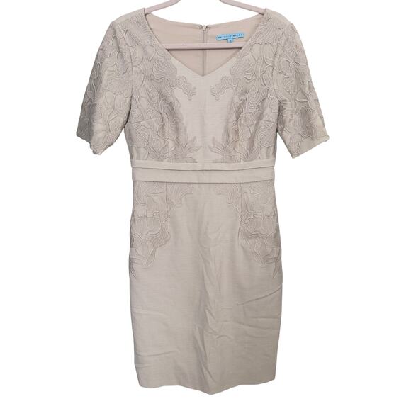Antonio Melani Beige Lace Jacquard Sheath Dress 6 Champagne Career Semi Formal - Picture 2 of 8